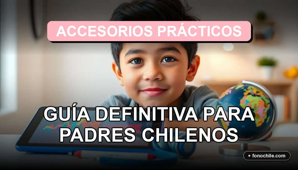 Guía de accesorios prácticos y tecnológicos para niños chilenos en 2026, organizados sobre una mesa de estudio.