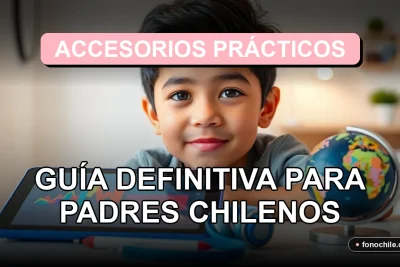 Guía de accesorios prácticos y tecnológicos para niños chilenos en 2026, organizados sobre una mesa de estudio.