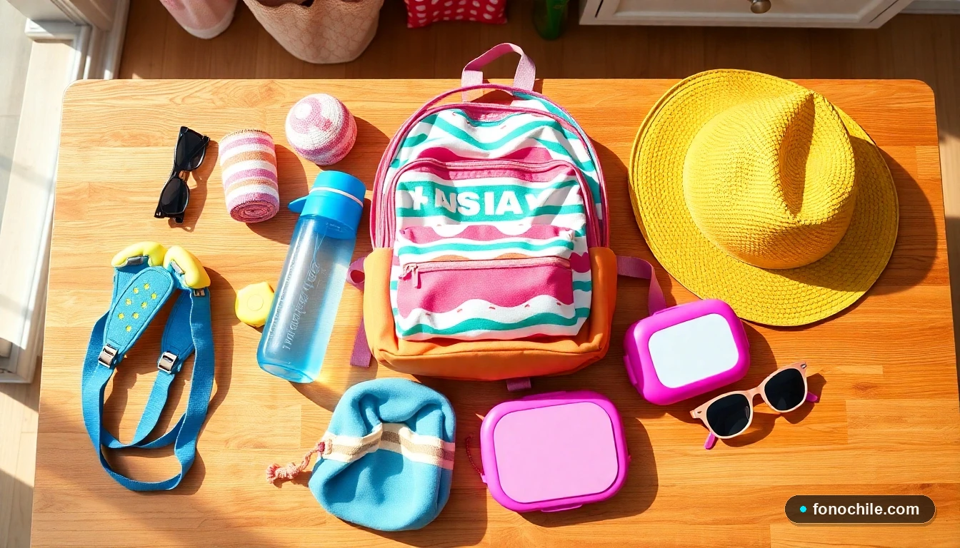 Accesorios prácticos y coloridos para niños organizados en una mesa: mochila, botella, gorro y lonchera.
