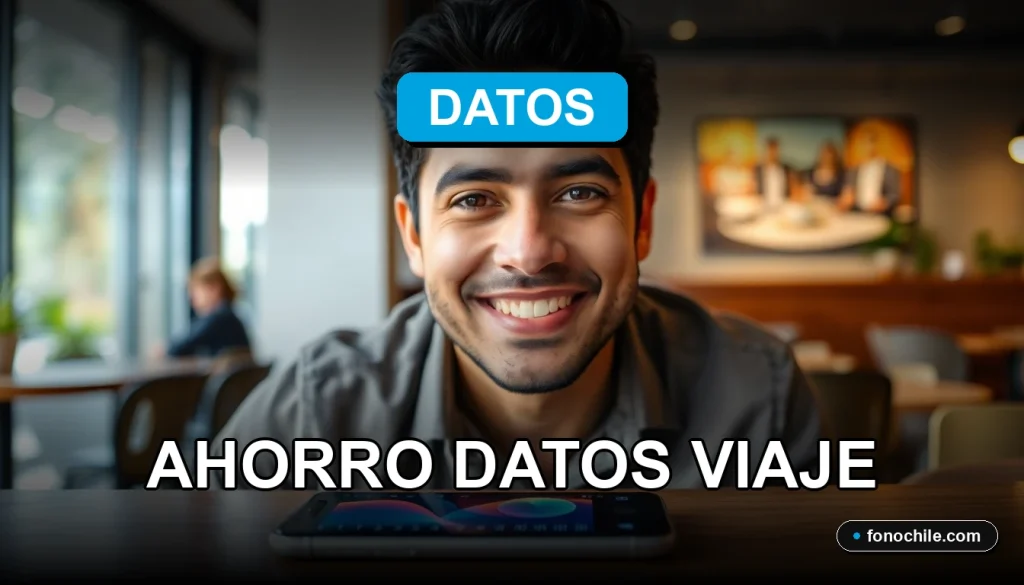 Persona sonriente usando su teléfono móvil con gráficos abstractos en la pantalla, representando el ahorro de datos en viajes.