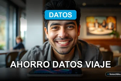 Persona sonriente usando su teléfono móvil con gráficos abstractos en la pantalla, representando el ahorro de datos en viajes.