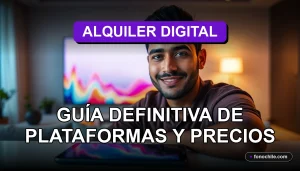 Guía de plataformas de streaming y alquiler de películas en Chile para el año 2026, mostrando opciones y precios en pantallas digitales.