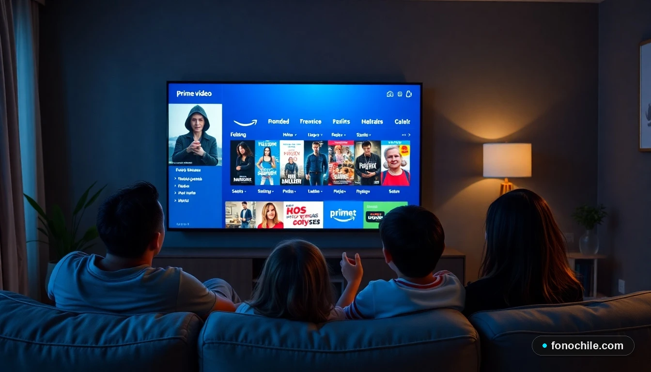 Familia chilena alquilando una película online en su televisor inteligente en el living