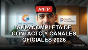 Guía de contacto oficial de la Asociación Nacional de Fútbol Profesional de Chile en pantalla de computador, mostrando gráficos abstractos de colores.