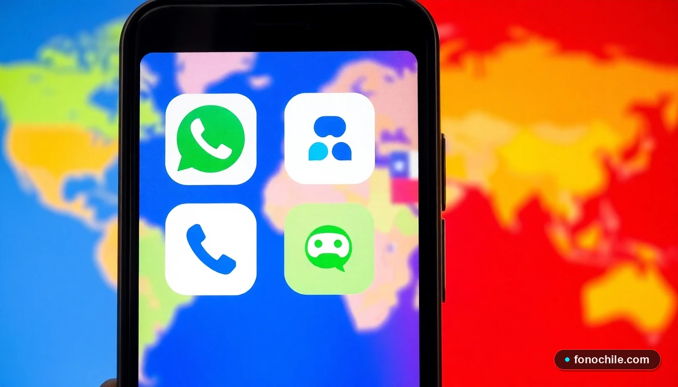 Pantalla de smartphone mostrando iconos de aplicaciones para llamadas internacionales como WhatsApp y FaceTime, con bandera de Chile.
