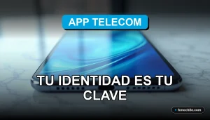 Una aplicación de telecomunicaciones moderna muestra gráficos abstractos en una pantalla, representando identidad digital segura.