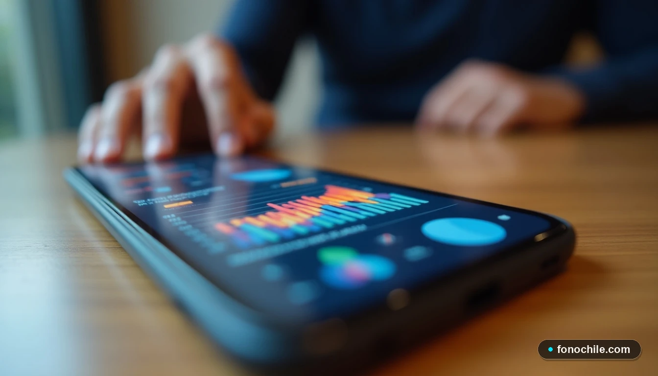 Pantalla de smartphone mostrando gráficos abstractos de colores sobre verificación biométrica en una aplicación de telecomunicaciones.