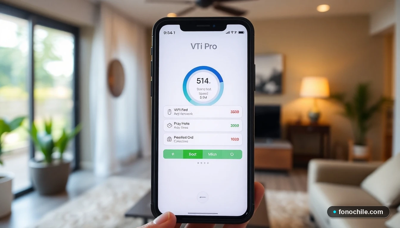 Pantalla de celular mostrando la aplicación VTR WiFi Pro ejecutando un test de velocidad en un hogar chileno.