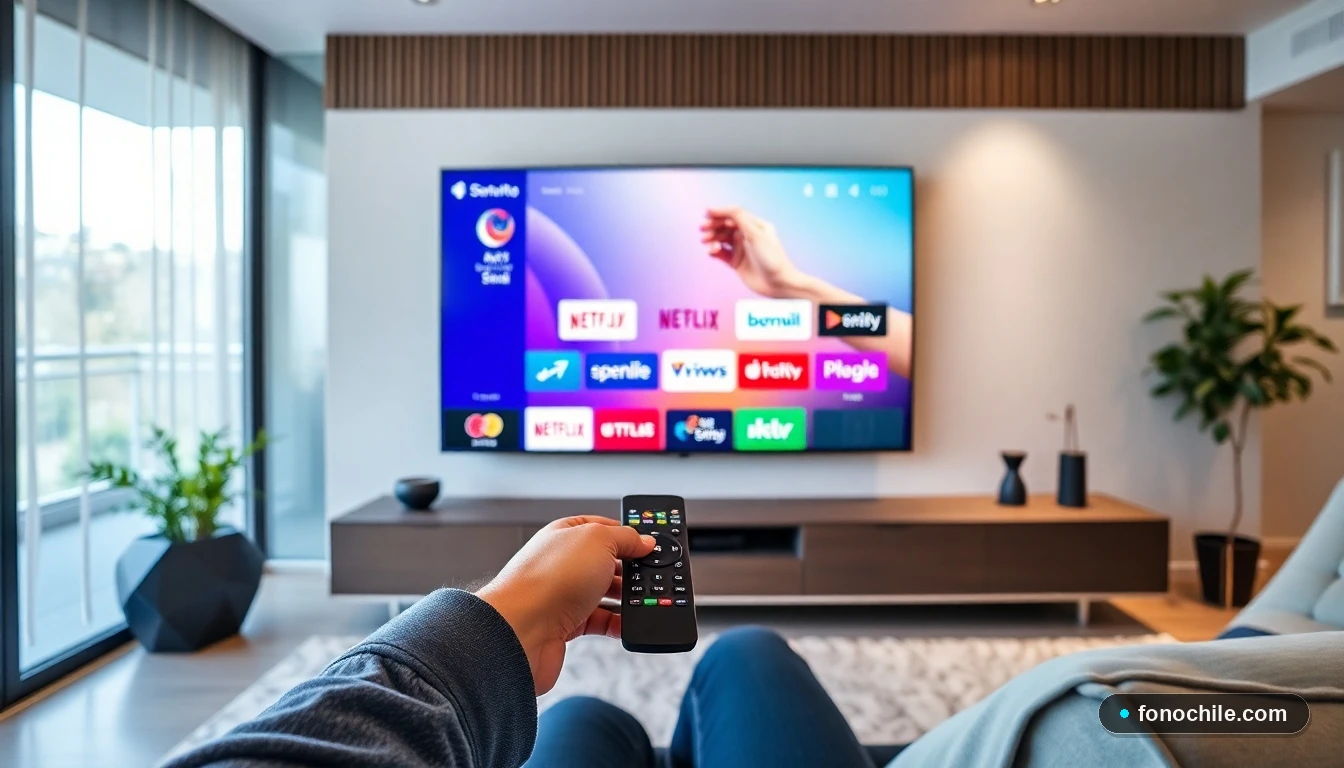 Persona en Chile usando el menú de aplicaciones en una Smart TV moderna con logos de streaming