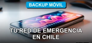 Servicio de red de emergencia Backup Móvil 2026 en Chile, mostrando un teléfono inteligente con gráficos abstractos de conexión.