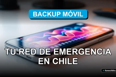 Servicio de red de emergencia Backup Móvil 2026 en Chile, mostrando un teléfono inteligente con gráficos abstractos de conexión.