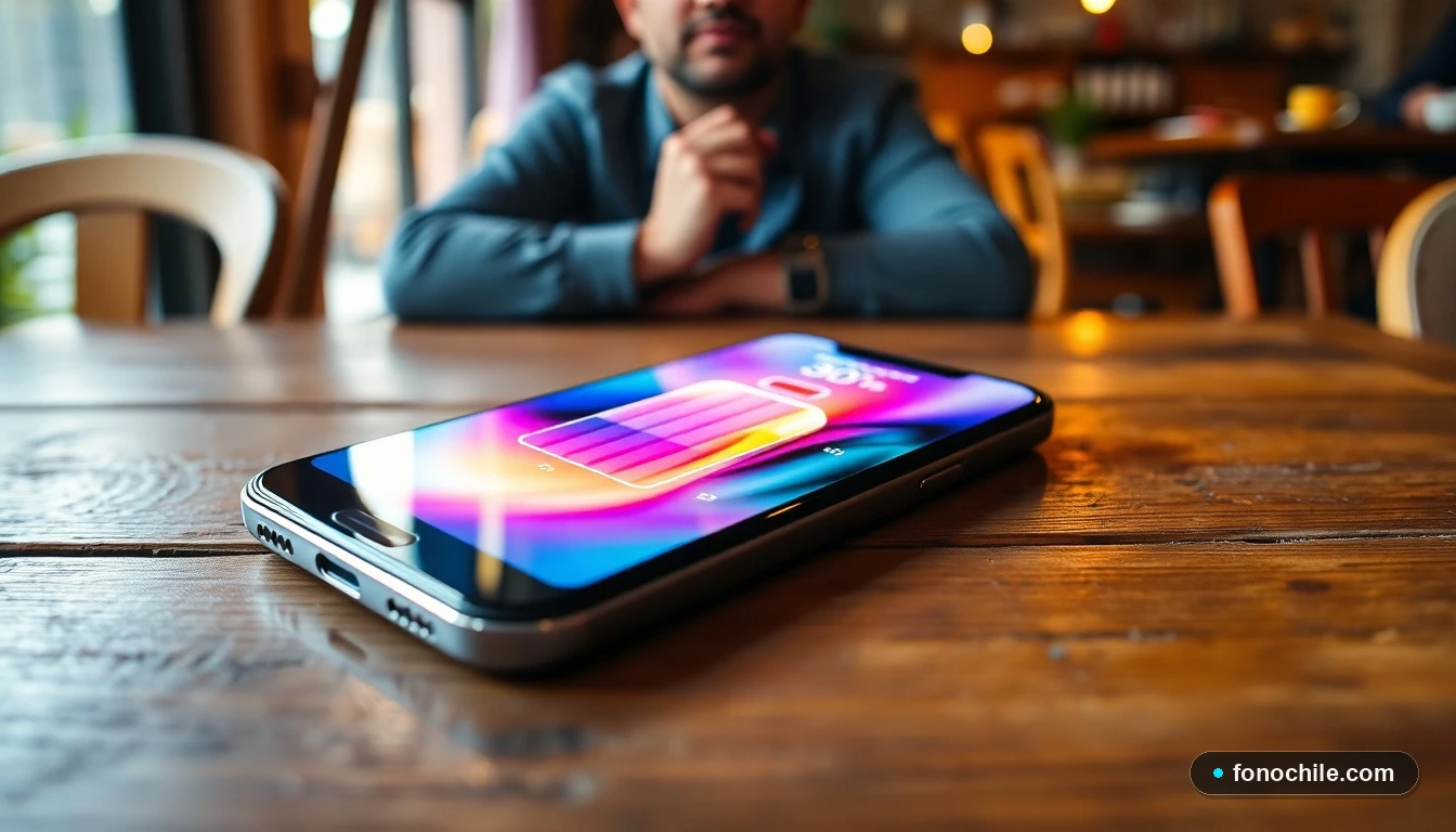Smartphone mostrando gráficos de rendimiento de batería de gran autonomía en un entorno chileno.