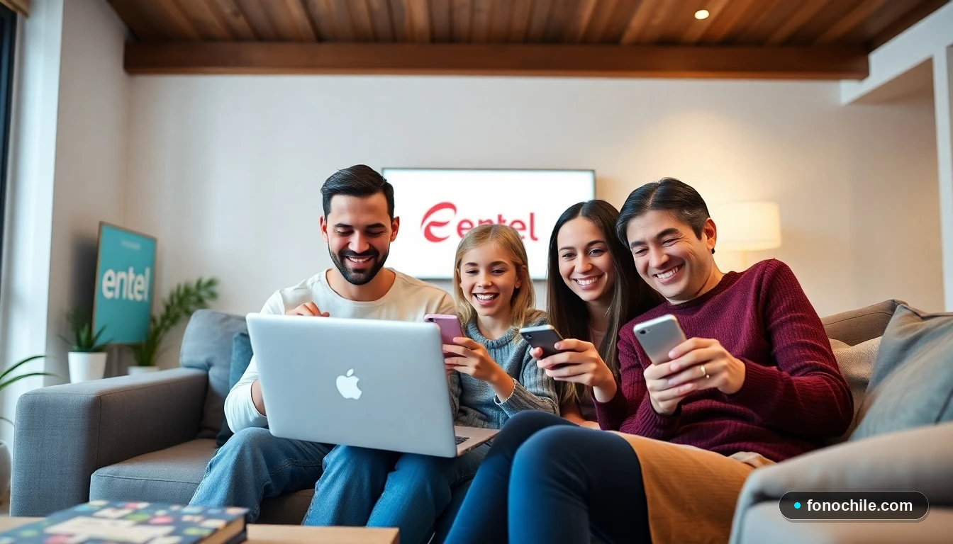 Familia chilena disfrutando de los beneficios de ser cliente Entel en su hogar moderno