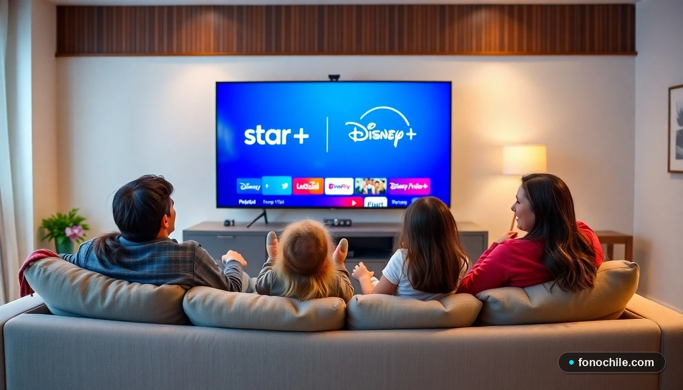 Familia chilena disfrutando del contenido combinado de Star+ y Disney+ en su televisor inteligente.