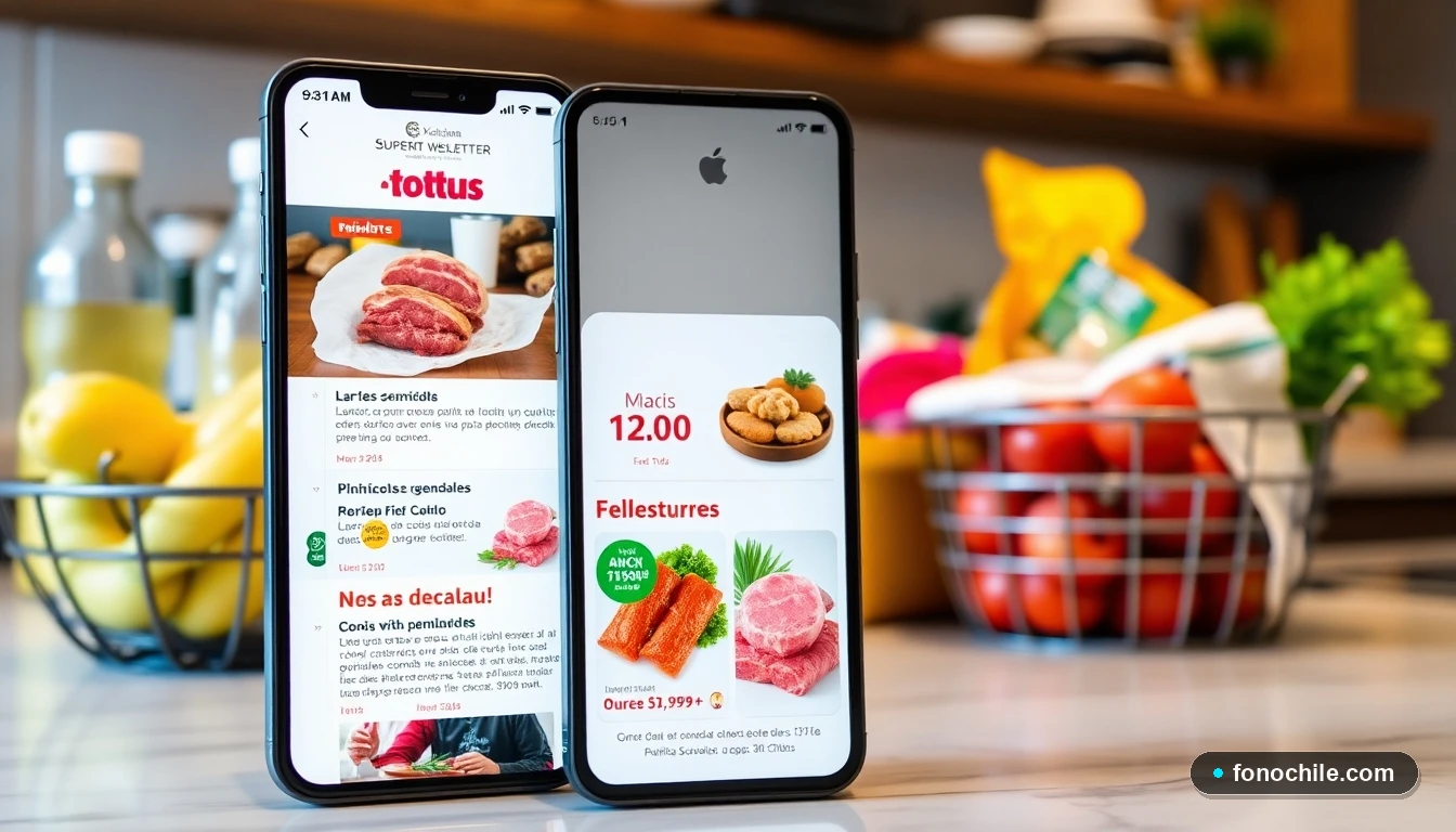 Pantalla de celular mostrando boletín de ofertas de supermercado en Chile con descuentos en carnes