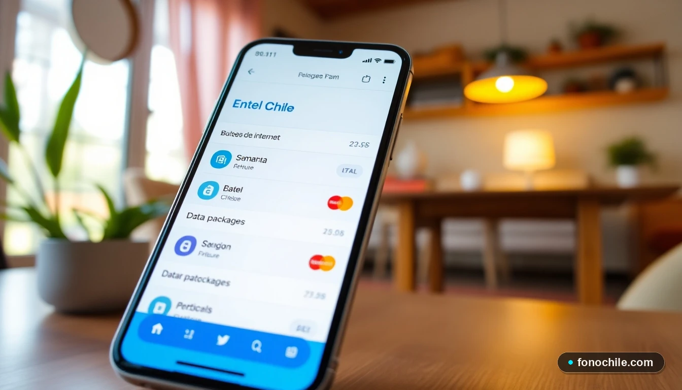 Pantalla de smartphone mostrando la selección de bolsas de internet en la aplicación oficial de Entel Chile.