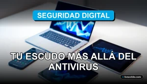 Concepto moderno de ciberseguridad representado por un escudo digital abstracto y gráficos de datos coloridos en una pantalla, sobre un escritorio minimalista.