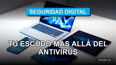 Concepto moderno de ciberseguridad representado por un escudo digital abstracto y gráficos de datos coloridos en una pantalla, sobre un escritorio minimalista.