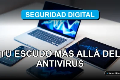 Concepto moderno de ciberseguridad representado por un escudo digital abstracto y gráficos de datos coloridos en una pantalla, sobre un escritorio minimalista.
