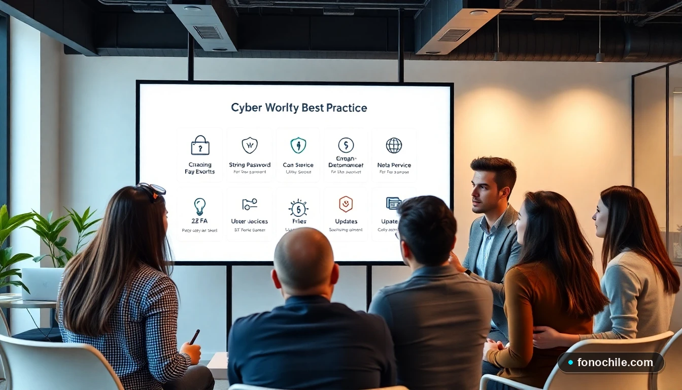 Profesionales en Chile revisando prácticas de ciberseguridad en una pantalla digital moderna