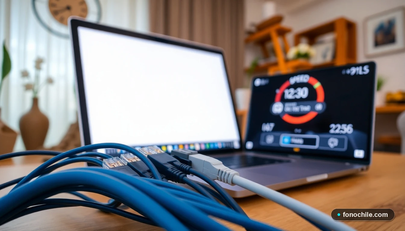 Tipos de cables de red ethernet Cat 5e, Cat 6 y Cat 7 conectados a un router para optimizar la velocidad de internet en Chile