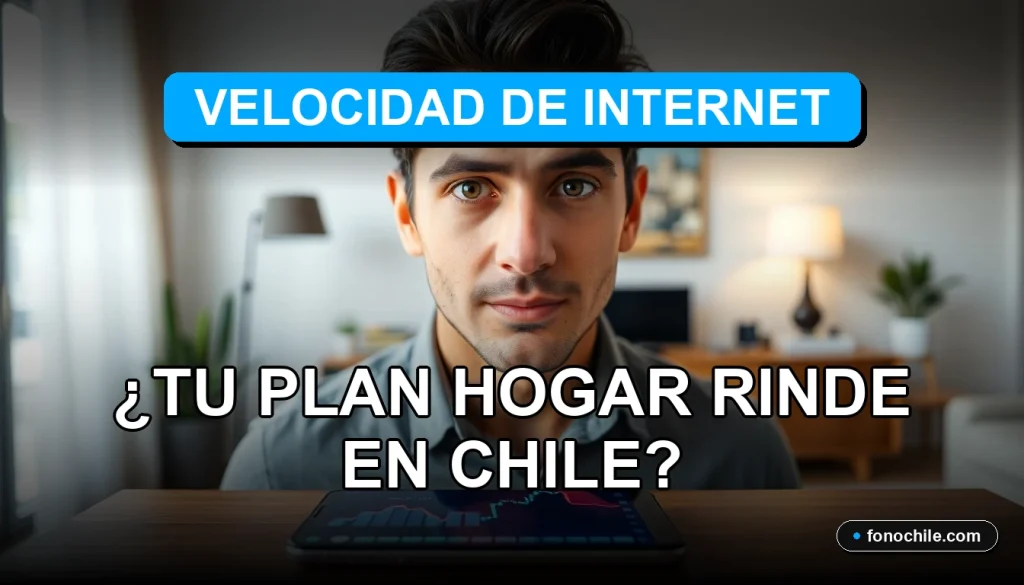 Hombre hispano sonriente en su hogar con un teléfono inteligente, representando la satisfacción con la velocidad de internet en Chile 2026.