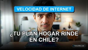 Hombre hispano sonriente en su hogar con un teléfono inteligente, representando la satisfacción con la velocidad de internet en Chile 2026.