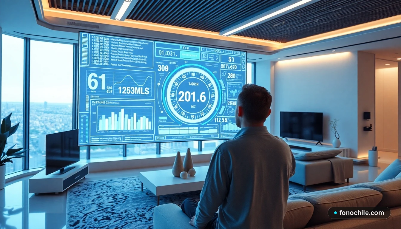 Persona en 2026 usando una calculadora de velocidad de internet holográfica en su sala