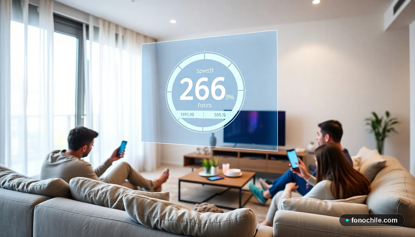 Familia chilena usando múltiples dispositivos con conexión a fibra óptica y simulador de velocidad flotando