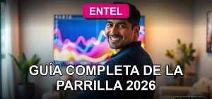 Guía completa de la parrilla de canales de Entel 2026 en pantalla de televisor con gráficos abstractos.