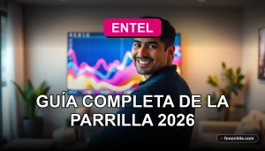 Guía completa de la parrilla de canales de Entel 2026 en pantalla de televisor con gráficos abstractos.