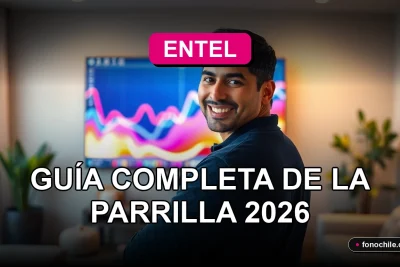 Guía completa de la parrilla de canales de Entel 2026 en pantalla de televisor con gráficos abstractos.