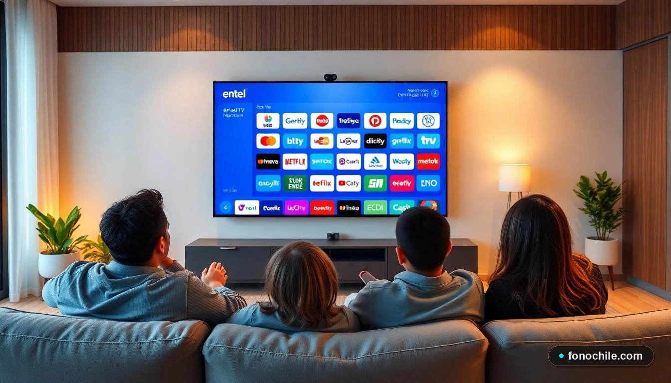 Familia chilena disfrutando de la parrilla de canales Entel TV en su sala de estar moderna.