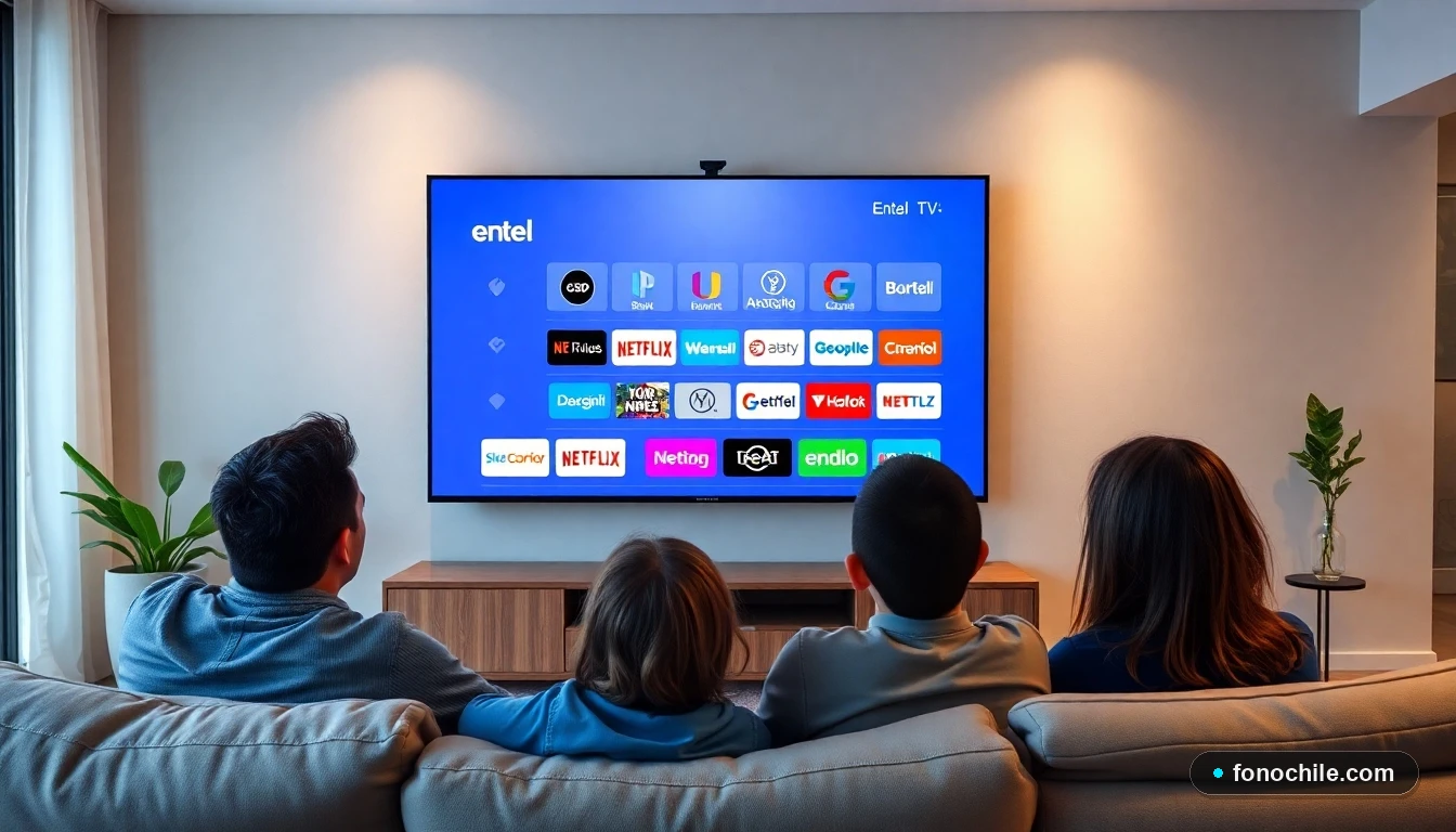 Familia chilena viendo la interfaz y lista de canales de Entel TV en su sala de estar moderna.