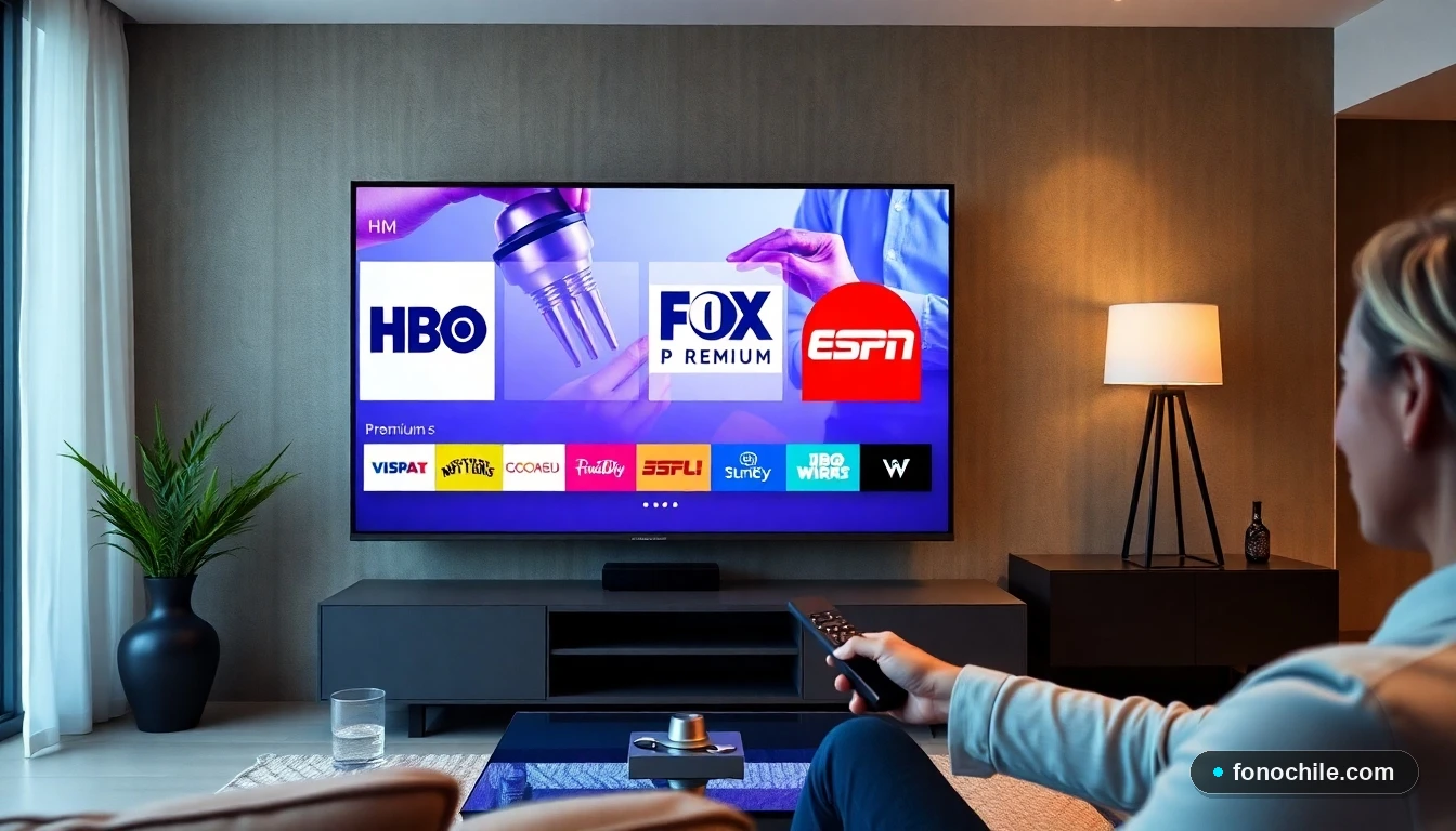 Salón moderno en Chile con televisor mostrando canales premium de DIRECTV como HBO y ESPN