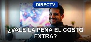 Hombre hispano sonriente viendo televisión DIRECTV Prepago en su sala moderna.