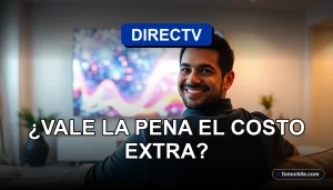Hombre hispano sonriente viendo televisión DIRECTV Prepago en su sala moderna.