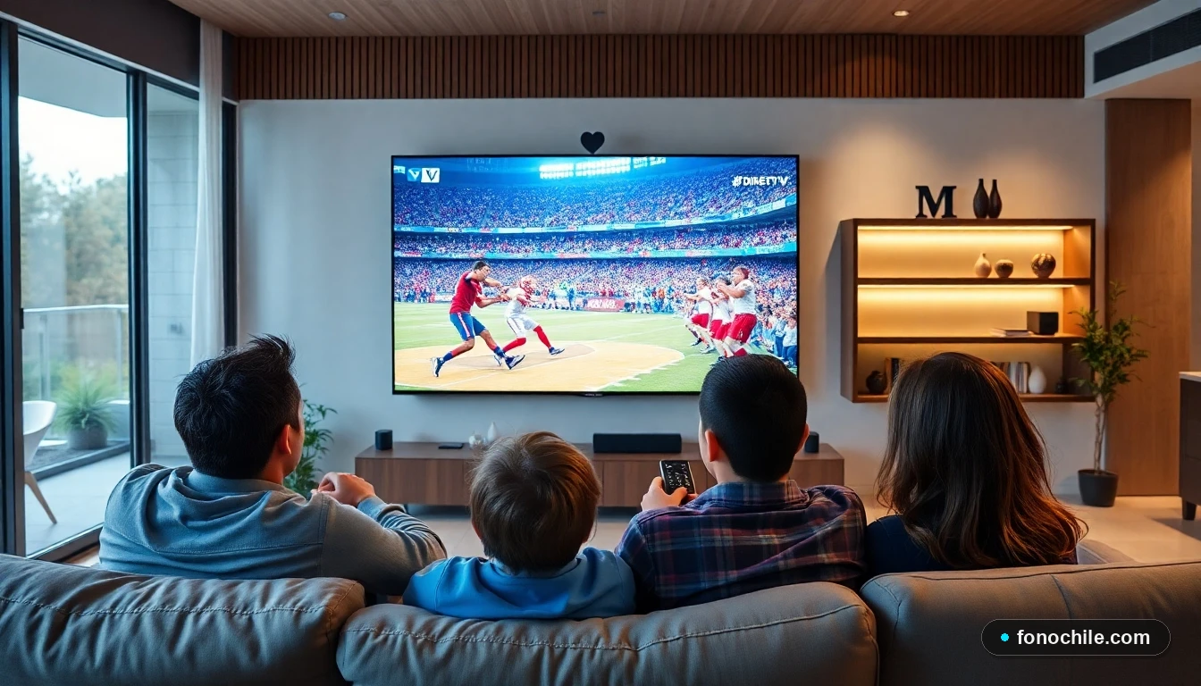 Familia chilena disfrutando de un canal premium de deportes en alta definición con DIRECTV Prepago en su sala de estar.