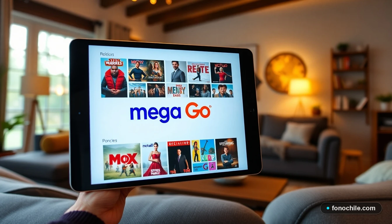 Interfaz del catálogo completo de Mega Go 2026 mostrando películas y series en una tablet