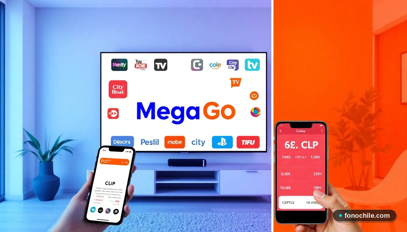 Catálogo completo de canales y precios de Mega Go 2026 en una pantalla Smart TV en Chile