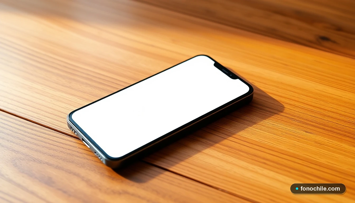 Smartphone gama media 5G mostrando mapa de cobertura en Chile sobre mesa de madera