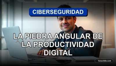 Concepto moderno de ciberseguridad empresarial para la productividad digital en Chile, mostrando un entorno de trabajo seguro y tecnológico.