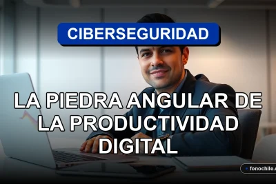 Concepto moderno de ciberseguridad empresarial para la productividad digital en Chile, mostrando un entorno de trabajo seguro y tecnológico.