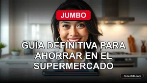 Mujer sonriente revisando los beneficios de Club Jumbo en su teléfono en la cocina.