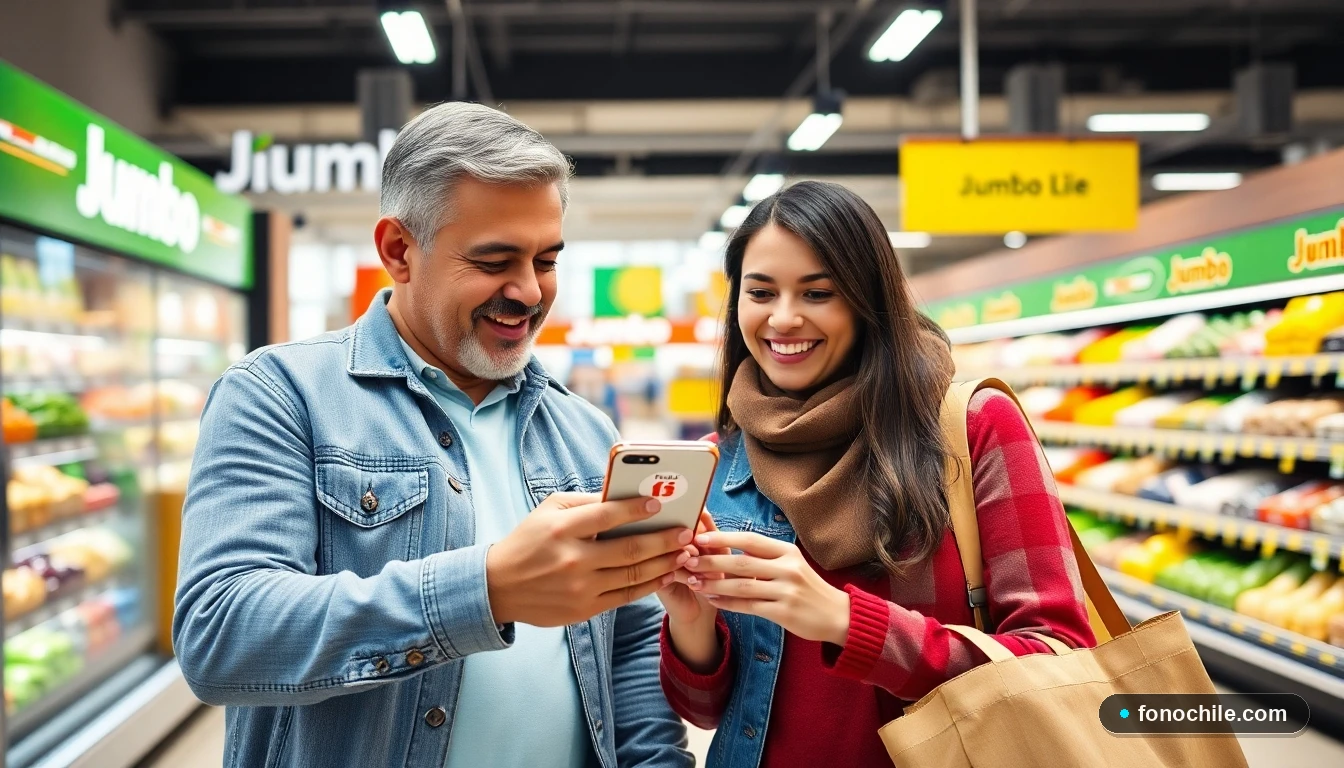 Familia chilena usando la app Club Jumbo para ahorrar en el supermercado Jumbo