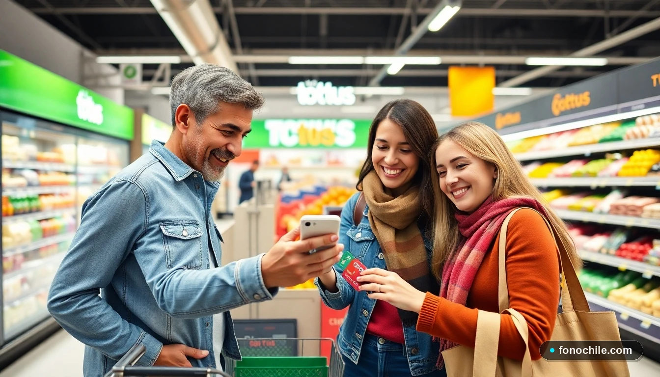 Familia chilena usando los beneficios del Club Tottus en la caja del supermercado
