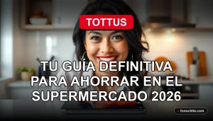Mujer sonriente revisa su teléfono inteligente con la aplicación Club Tottus para ahorrar en el supermercado.