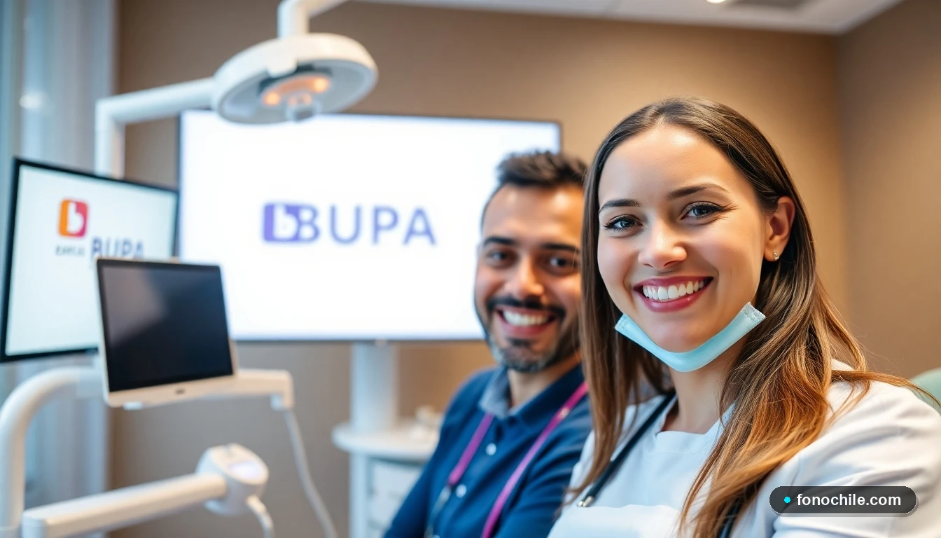 Clínica dental moderna en Chile con profesional atendiendo a paciente, representando cobertura BUPA.