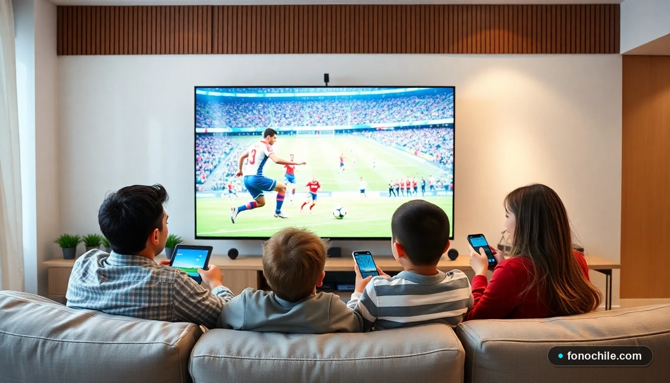 Familia chilena disfrutando de un combinado de Internet y Televisión en su hogar moderno.