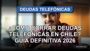 Hombre hispano revisando gráficos abstractos en una laptop sobre manejo de deudas telefónicas en Chile